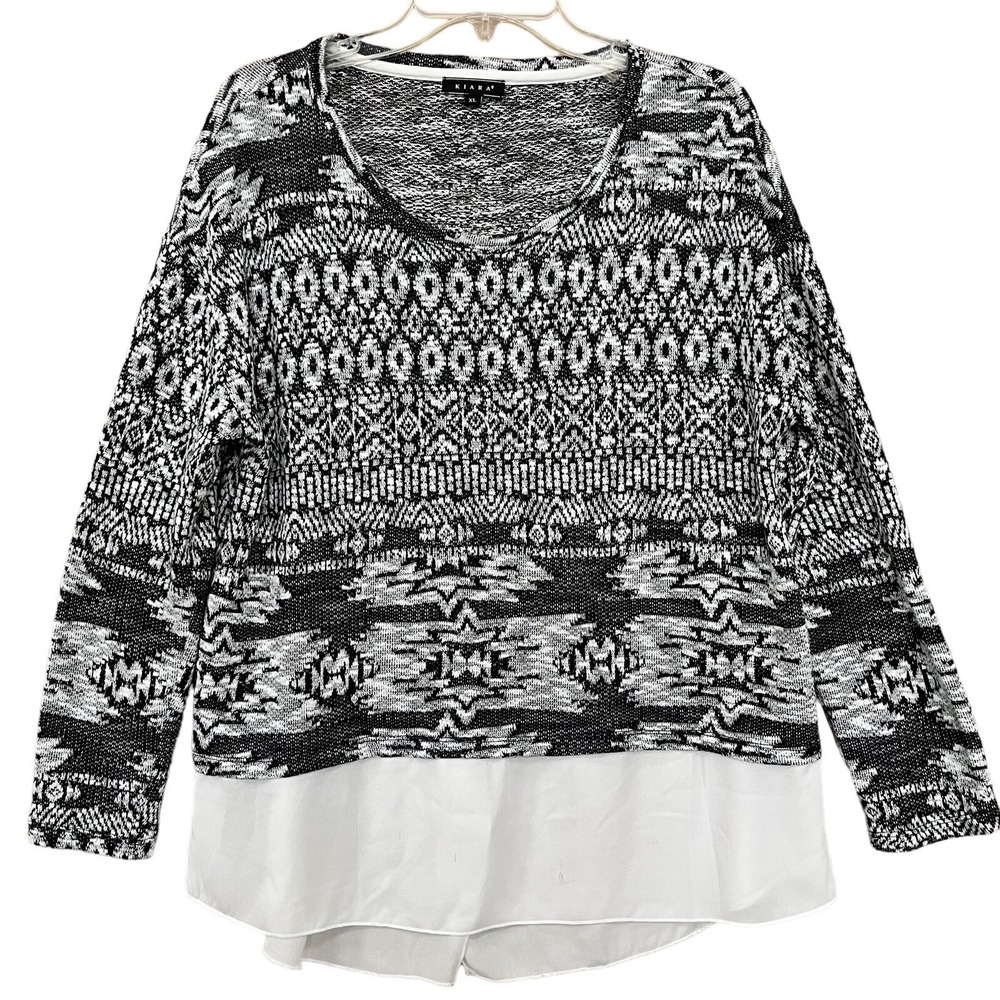 Kiara Women's Sweater XL Black White Layered Look Pullover Boho Lightweight